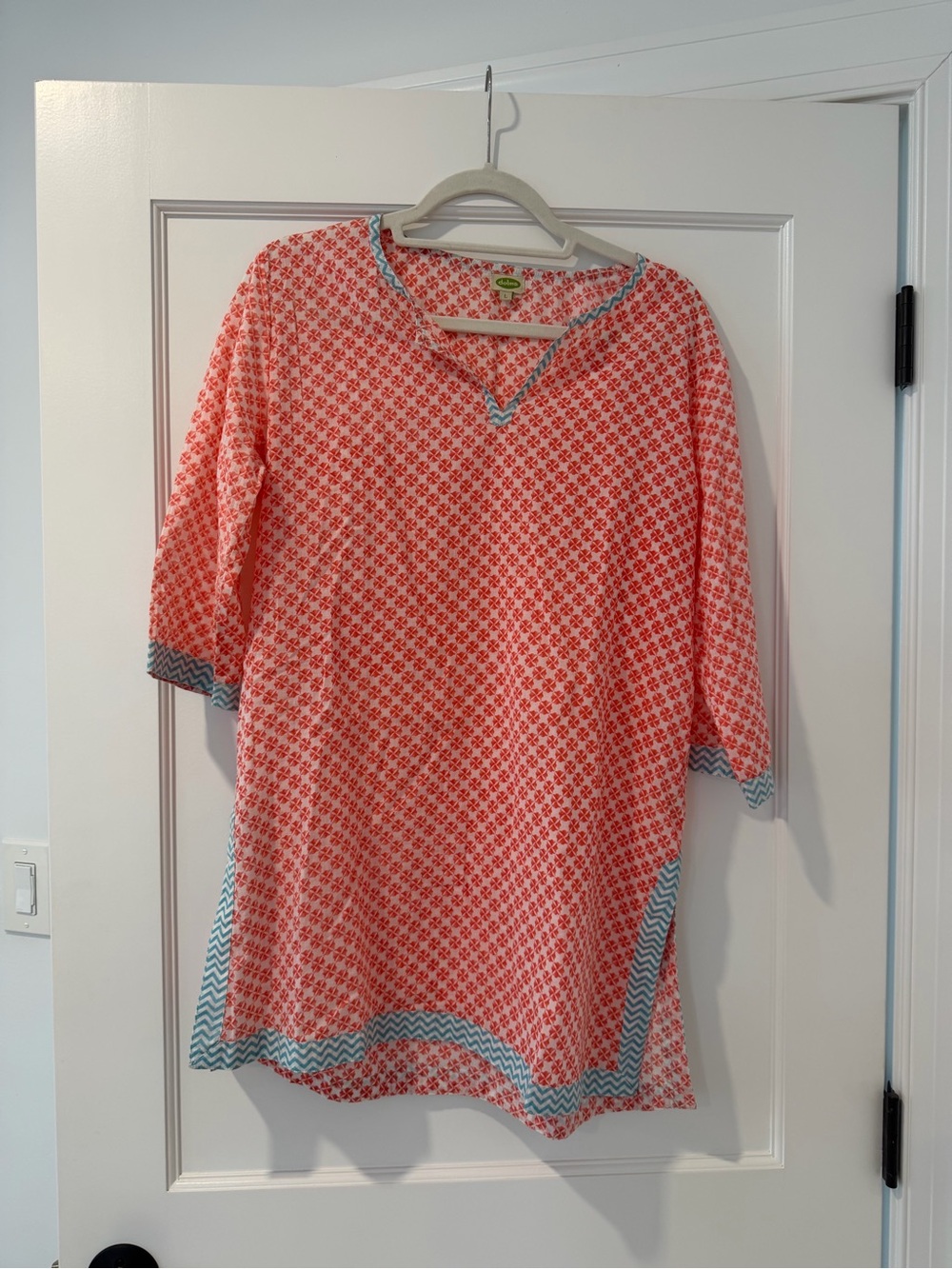 Women's Coral Patterned Swim Coverup Tunic with Aqua Trim
